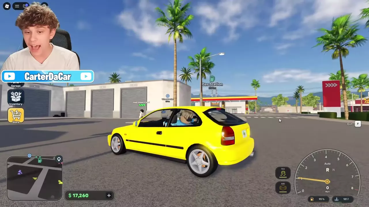 Driving interface showing speed and fuel beside a car near a gas station