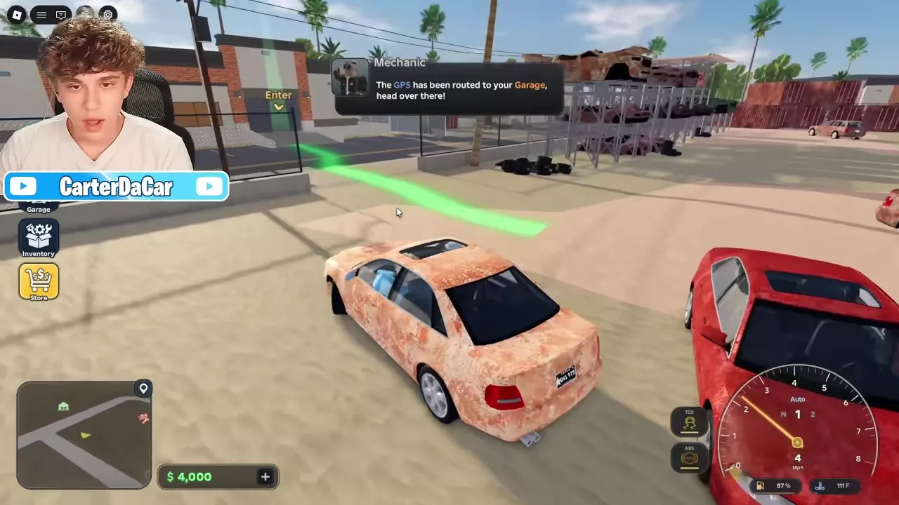 A car follows the green tutorial GPS route toward the Garage.