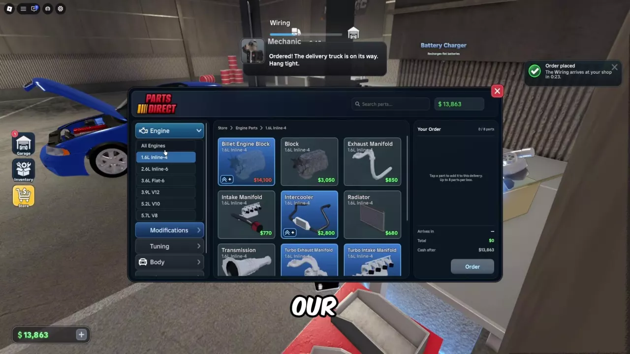 Parts Direct store menu showing engine model filters and the delivery order panel.