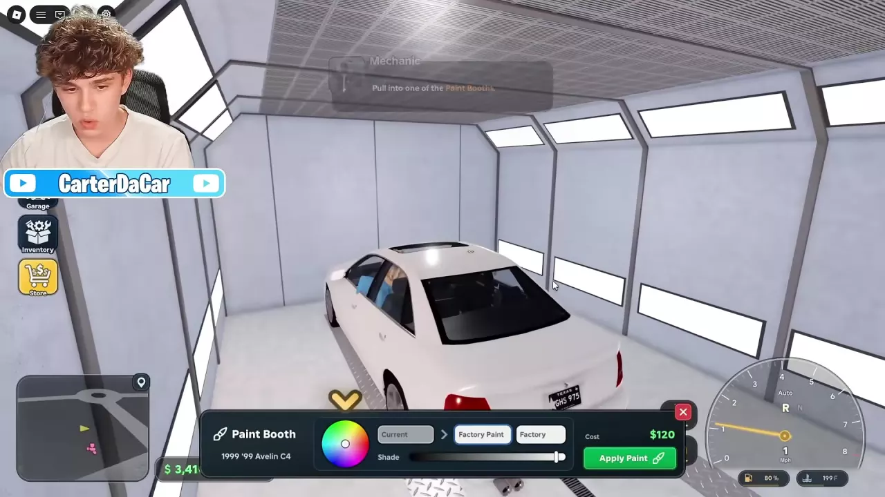 Car in the Paint Booth with the color wheel, Shade slider, Factory option and Apply Paint button visible.